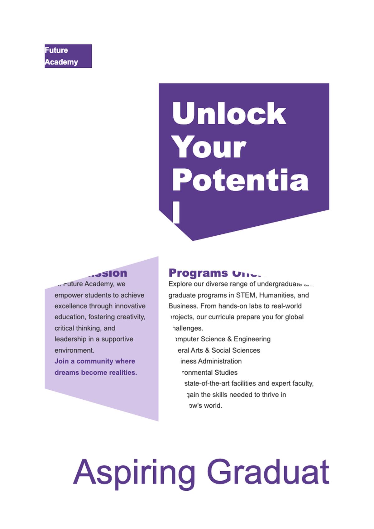 Education brochure with graduates celebrating and purple geometric design_variant_3